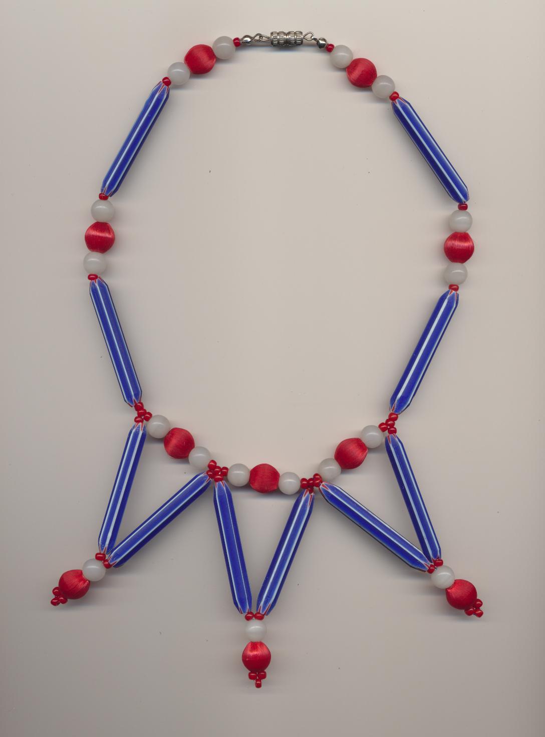 Artistic necklace made of Indian chevron beads and Korean silk beads, ca.1990, length 17'' 43cm.