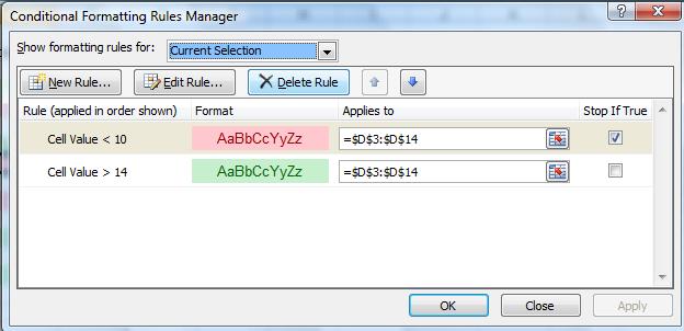 The Manage Rules dialog box for Conditional Formatting