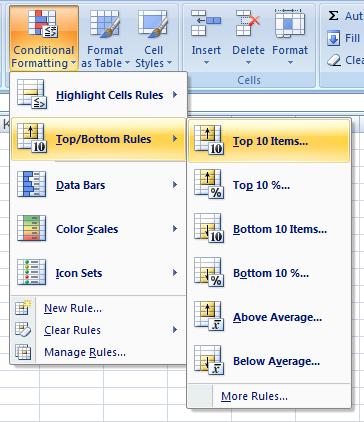 Opening the menu for Top/Bottom rules and top 10 items